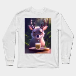 Baby Deer with boba bubble tea Long Sleeve T-Shirt